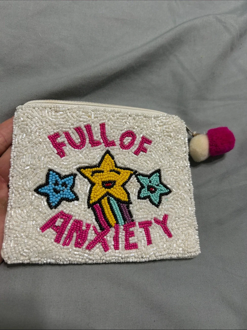 Full of Anxiety Beaded Coin Purse - White with Pink Accents